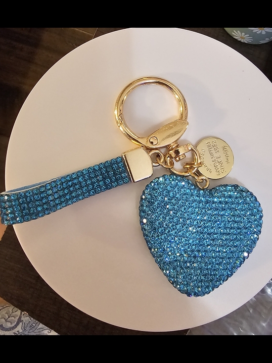Accessories - Blue Crystal Heart Keyring with Wristlet Strap and Gold Hardware